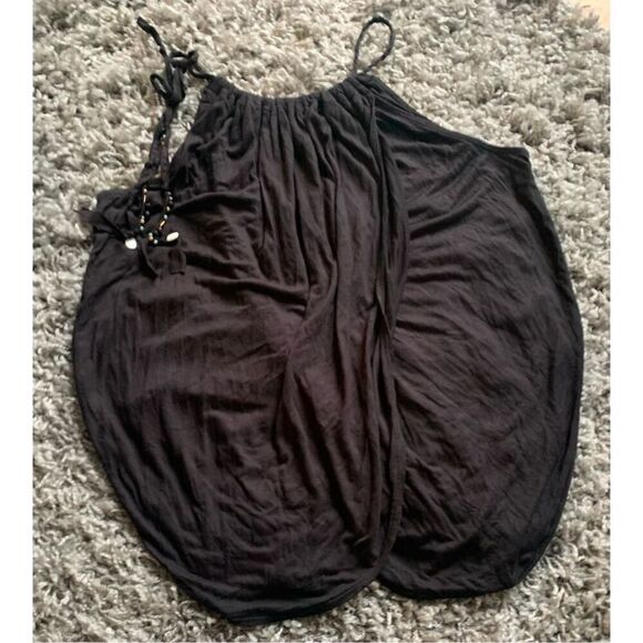 NWOT Free People Black Gathered Neck Beaded Flowy BOHO TANK TOP XS - Picture 2 of 6